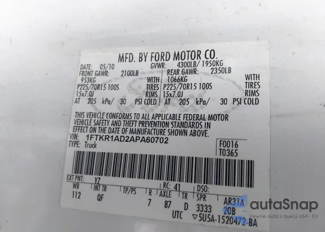 2010 Ford Ranger Xl/Xlt из США, поврежденный, VIN 1FTKR1AD2APA60702